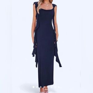 PRETTYGARDEN (Size XL)Women's Maxi Bodycon Dress Sleeveless Ruffle Wedding, Navy